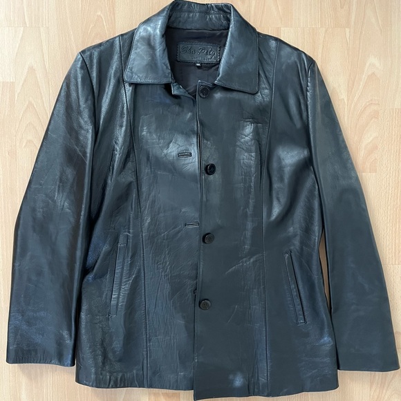 Black Leather Blazer Jacket Coat 90s y2k Vintage Medium - Picture 1 of 9